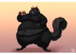  2023 2_horns anthro belly big_belly big_moobs biglovealicia black_body black_fur bloated burger canid canine canis cel_shading clothed clothing digitigrade fangs food full-length_portrait fully_clothed fur hi_res horn huge_belly male mammal moobs morbidly_obese morbidly_obese_male navel obese obese_male overweight overweight_male portrait shaded signature smile solo stuffing teeth thick_thighs wolf wolf_tail 