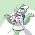 anthro big_breasts breasts clothing female gardevoir generation_3_pokemon hi_res limebreaker mega_milk meme nintendo pokemon pokemon_(species) red_eyes shirt solo topwear