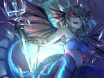  bikini_top blue_hair demon_girl frost_demon_(p&amp;d) fur hair_over_one_eye head_fins highres horns melon22 midriff navel polearm puzzle_&amp;_dragons red_eyes solo tail trident weapon 