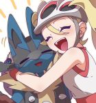  1girl :d ^_^ bare_shoulders bicycle_helmet blonde_hair blush closed_eyes gloves helmet highres hug korrina_(pokemon) long_hair lucario mega_lucario mega_stone omochi_(omotimotittona3) open_mouth pokemon pokemon_(creature) pokemon_xy sleeveless smile teeth upper_teeth_only white_gloves 