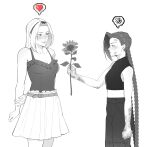  absurdres alternate_costume belt blush braid dirty dirty_face dirty_hands flower frills heart highres holding holding_flower jinx_(league_of_legends) league_of_legends lux_(league_of_legends) midriff monochrome simple_background spoken_heart twin_braids white_background wlw0nderland yuri 