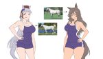  2girls animal_ears bare_shoulders blunt_bangs blunt_ends bow breasts brown_hair brown_hat cleavage closed_eyes collarbone commentary competition_school_swimsuit cowboy_shot creature_and_personification ear_bow fukuro_(maruaru00) gold_ship_(racehorse) gold_ship_(umamusume) grey_hair hair_between_eyes hand_on_own_hip hat headgear highres horse horse_ears horse_girl horse_tail kurofune_(racehorse) long_hair multiple_girls pac-man_eyes perry_steam_(umamusume) photo_inset pillbox_hat purple_bow real_life school_swimsuit sideboob sidelocks swimsuit tail toned_female tongue tongue_out umamusume umamusume:_beginning_of_a_new_era very_long_hair wavy_hair 
