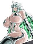  1girl abs adapted_costume bare_shoulders bikini blush boots breasts cleavage colored_inner_hair covered_navel fate/grand_order fate_(series) gloves green_eyes green_hair highres huge_breasts kukulkan_(fate) kukulkan_(second_ascension)_(fate) leotard long_hair looking_at_viewer maabo_harusame micro_bikini multicolored_hair muscular muscular_female sideless_outfit sidelocks skindentation solo swimsuit thick_thighs thigh_boots thighs white_footwear white_gloves white_hair white_leotard 