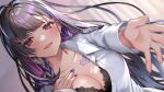  black_hair blurry breast_tattoo breasts cleavage depth_of_field ear_piercing earrings hand_on_own_chest highres jewelry konkon_aria_(artist) large_breasts long_hair meloco_kyoran nail_polish nijisanji nijisanji_en outstretched_hand piercing purple_hair reaching reaching_towards_viewer red_eyes shirt spider_web_tattoo tattoo white_shirt 