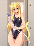  animal_ears bare_shoulders blonde_hair blush breasts cat_ears cat_tail competition_swimsuit groin highleg highleg_swimsuit highres long_hair looking_at_viewer nokoppa one-piece_swimsuit original shower_head small_breasts smile solo swimsuit tail wet wide_hips 