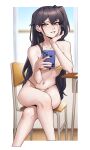  1girl absurdres arm_support bikini black_nails breasts brown_hair cellphone chair collarbone cropped_legs desk emile_aoi girls&#039;_frontline gold_bikini green_pupils highres holding holding_phone long_hair looking_at_viewer navel one_side_up paid_reward_available parted_lips phone scar scar_across_eye school_desk sitting small_breasts smartphone smile solo stomach string_bikini swimsuit table ump45_(girls&#039;_frontline) yellow_eyes 