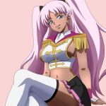  1girl blue_eyes breasts catherine_sabathra cleavage code_geass code_geass:_dakkan_no_roze dark-skinned_female dark_skin earrings gloves hair_ornament highres jewelry large_breasts long_hair looking_at_viewer madeinheaven116 navel open_mouth pink_hair sitting skirt solo thighhighs twintails 