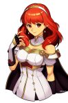  1girl arm_guards armor armored_boots bare_shoulders boots breasts cape celica_(fire_emblem) earrings fingerless_gloves fire_emblem fire_emblem_echoes:_shadows_of_valentia gloves hairband highres jewelry long_hair looking_at_viewer red_eyes red_hair simple_background smgold smile solo tiara white_armor 