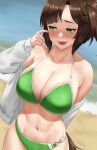  1girl absurdres alternate_costume arm_behind_back bare_shoulders beach bikini blush breasts brown_hair cleavage collarbone commentary diagonal_bangs freckles green_bikini green_eyes hand_up highres horse_girl horse_tail ines_fujin_(umamusume) jacket large_breasts long_hair looking_at_another lower_teeth_only navel nose_blush ocean off_shoulder open_clothes open_jacket open_mouth parted_bangs side_ponytail sidelocks solo standing stmoon stomach swimsuit symbol-only_commentary tail teeth umamusume white_jacket 