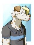  2020 anthro arm_tuft biped blonde_hair blue_background brokensticcs brown_ears brown_nose brown_spots canid canine canis cheek_tuft chest_tuft clothed clothed_anthro clothed_male clothing dalmatian domestic_dog elbow_tuft eyebrows facial_tuft floppy_ears fur geometric_background grey_clothing grey_shirt grey_topwear hair hi_res looking_aside male mammal markings pattern_clothing pattern_shirt pattern_topwear pink_tongue polo_shirt shirt simple_background smile solo spots spotted_body spotted_fur striped_clothing striped_shirt striped_topwear stripes tongue tongue_out topwear tuft whisker_spots white_body white_fur 