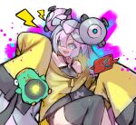  1girl 2u3ep033 :d bare_shoulders bellibolt blue_hair bow-shaped_hair character_hair_ornament hair_between_eyes hair_ornament highres iono_(pokemon) jacket looking_at_viewer multicolored_hair open_mouth pink_hair pokemon pokemon_(creature) pokemon_sv rotom rotom_phone sharp_teeth single_thighhigh sleeves_past_fingers sleeves_past_wrists smile teeth thighhighs twintails two-tone_hair upper_teeth_only yellow_jacket 