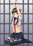  akagami_rion arms_up bdsm black_hair bondage bound bound_wrists breasts collar dapanda_(tamaya_circus) eden_no_ori hair_ribbon kneeling long_hair medium_breasts no_shoes ribbon school_uniform slave solo thighhighs torn_clothes underboob zettai_ryouiki 