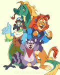  anthro arms_above_head avian bird bottomless bottomless_male cattywampuswoods clothed clothing fangs felid female feral finley_the_sea_serpent group hi_res indigo_park lion lloydford_l._lion looking_at_viewer male mammal mollie_macaw open_mouth open_smile pantherine procyonid raccoon rambley_raccoon reptile scalie simple_background smile snake teeth tongue tongue_out 