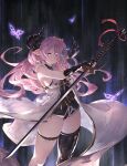  1girl absurdres bare_shoulders black_gloves blue_eyes braid breasts coat commentary_request draph gloves gold_trim granblue_fantasy hair_ornament hair_over_one_eye highres holding holding_sword holding_weapon horns katana large_breasts long_hair looking_at_viewer narmaya_(granblue_fantasy) pink_hair pointy_ears sideboob single_thighhigh sleeveless sleeveless_coat solo sword thigh_strap thighhighs thighs weapon white_coat yu_pian 
