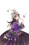  1girl black_hair bug butterfly changmingsuo dress flower hair_ornament hand_up highres hmong jewelry jianxia_qingyuan_(series) jianxia_qingyuan_online_3 ligongke_guicai long_hair long_sleeves miao_clothes purple_eyes smile solo white_background 