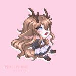  1girl absurdres animal_ears antlers apron black_dress chibi deer_antlers deer_ears deer_girl dress frilled_dress frills from_side full_body highres horns long_hair open_mouth original persepholeeh pink_background plaid plaid_apron purple_eyes simple_background solo 