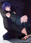  1boy bare_shoulders black_footwear black_shirt black_shorts black_sleeves blood blood_on_hands blush boots chobonu genshin_impact gun hair_between_eyes highres holding holding_gun holding_weapon male_focus purple_eyes purple_hair scaramouche_(genshin_impact) shirt short_hair shorts solo weapon 