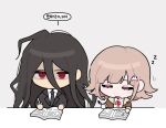  1boy 1girl 4o4_(404d_r) black_jacket black_necktie blush book brown_hair closed_eyes danganronpa_(series) danganronpa_3_(anime) drooling grey_background hair_between_eyes highres jacket kamukura_izuru long_sleeves medium_hair nanami_chiaki neck_ribbon necktie open_book open_clothes open_jacket open_mouth red_eyes red_ribbon ribbon simple_background spaceship_hair_ornament speech_bubble translation_request upper_body writing 