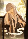  1boy alternate_hairstyle chinese_chess chinese_clothes ginkgo_leaf grey_hair hair_over_one_eye hanfu holding holding_smoking_pipe honkai:_star_rail honkai_(series) incense_burner jiaoling_ruqun jing_yuan kiseru leaf long_hair looking_at_viewer male_focus mole mole_under_eye sitting smile smoking_pipe solo white_hair zzzxo 