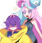  2girls blue_hair blush bow-shaped_hair character_hair_ornament closed_mouth dot_(pokemon) hair_ornament hair_over_eyes highres iono_(pokemon) jacket long_hair magnemite multicolored_hair multiple_girls open_mouth oversized_clothes pink_hair pokemon pokemon_(anime) pokemon_horizons purple_eyes purple_hair seiun_(hoshigumo_72) sharp_teeth shirt short_hair sleeveless sleeves_past_fingers sleeves_past_wrists smile teeth two-tone_hair vest yellow_jacket 