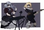  2girls ascot bang_dream! bang_dream!_it&#039;s_mygo!!!!! black_ascot black_dress black_skirt blonde_hair blue_hair border clothing_cutout commentary dated dress electric_guitar floating_hair guitar hand_up hashtag-only_commentary highres holding holding_guitar holding_instrument instrument keyboard_(instrument) long_hair medium_hair misumi_uika multiple_girls music open_mouth outside_border puffy_short_sleeves puffy_sleeves purple_background purple_eyes red_shirt shirt short_sleeves shoulder_cutout signature simple_background singing skirt smile togawa_sakiko tok8505_(erica) two_side_up white_border white_skirt yellow_eyes 