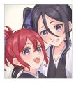  2girls :d abarai_ichika absurdres black_hair bleach bleach:_epilogue blue_ribbon blush close-up commentary double-parted_bangs eyelashes grey_background grin hair_between_eyes hair_ribbon happy high_ponytail highres kuchiki_rukia lips long_hair looking_at_viewer mother_and_daughter multiple_girls open_mouth photo_(object) purple_eyes red_hair ribbon rinner373 short_eyebrows short_hair side_ponytail simple_background smile spoilers teeth tsurime twitter_username upper_body upper_teeth_only white_background 