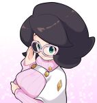  1girl adjusting_eyewear arm_under_breasts big_hair breasts capelet commentary_request glasses green_eyes large_breasts long_sleeves pink-framed_eyewear pink_sweater pokemon pokemon_sm poyo_party purple_hair solo sweater turtleneck turtleneck_sweater upper_body white_capelet wicke_(pokemon) 