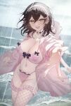  1girl :d beach black_eyes black_hair breasts fishnet_thighhighs fishnets highres jacket large_breasts lingerie looking_at_viewer medium_breasts navel open_mouth original pink_jacket rain reaching reaching_towards_viewer short_hair smile solo syandega thighhighs underwear 