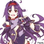  1girl :d ahoge armor breastplate covered_navel dated fingerless_gloves gloves grey_background hair_intakes hairband heart heart_hands highres long_hair open_mouth parted_bangs pointy_ears purple_gloves purple_hair red_eyes red_hairband shikei simple_background smile sword_art_online yuuki_(sao) 