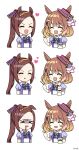  &gt;_&lt; 2girls animal_ears blush brown_hair closed_eyes closed_mouth ehogari food forehead hair_ornament heart highres horse_girl medium_hair multiple_girls north_flight_(umamusume) open_mouth ponytail royal_bitter_juice sakura_bakushin_o_(umamusume) saliva school_uniform shaved_ice simple_background sweat tracen_school_uniform umamusume white_background 