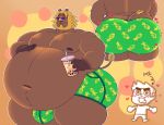  animal_crossing anthro belly beverage big_butt bubble_tea bud_(animal_crossing) butt chibi clothing duo felid ghgbn hi_res human lion male male/male mammal musclegut muscular nintendo overweight pantherine self_insert shirtless swimming_trunks swimwear 