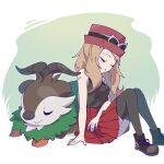  1girl black_footwear black_shirt black_thighhighs blonde_hair breasts closed_mouth eyewear_on_headwear hat high-waist_skirt highres long_hair medium_breasts miniskirt omochi_(omotimotittona3) pleated_skirt pokemon pokemon_(creature) pokemon_xy red_hat red_skirt serena_(pokemon) shirt shoelaces shoes sitting skiddo skirt sleeping sleeveless sleeveless_shirt thighhighs white-framed_eyewear 