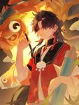  1boy bishounen black_hair chinese_clothes duijin_ruqun earrings hanfu highres holding honkai:_star_rail honkai_(series) jewelry long_hair long_sleeves male_focus paintbrush paintbrush_hair_ornament parted_lips pen purple_eyes scroll sige_shengpizi smile solo upper_body yingxing_(honkai:_star_rail) 