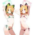  2girls alternate_costume animal_ear_headphones animal_ears armpits arms_up bikini blonde_hair blue_archive bow breasts cat_ear_headphones cat_ears fake_animal_ears hair_bow halo headphones highres looking_at_viewer melreon micro_bikini midori_(blue_archive) momoi_(blue_archive) multiple_girls navel petite presenting_armpit siblings side-tie_bikini_bottom simple_background sisters small_breasts stomach string_bikini swimsuit twins white_background 