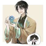  1boy ^ baima_xuanguangtian black_hair black_shirt bracelet chibi chibi_inset chinese_clothes closed_eyes duijin_ruqun hanfu highres holding jacket jewelry long_sleeves male_focus open_mouth qianli_jiangshantu_(wuhua_minzin) shirt short_hair smile upper_body wuhua_mixin 