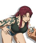  1boy absurdres arm_tattoo bent_over black_lagoon black_tank_top breasts brown_hair cigarette cleavage collarbone cutoffs denim denim_shorts fire h7356 hair_intakes hand_on_own_hip highres holding holding_lighter lighter long_hair looking_at_viewer medium_breasts mouth_hold out_of_frame panties panty_peek parted_lips ponytail revy_(black_lagoon) short_shorts shorts shoulder_tattoo sidelocks simple_background solo_focus tank_top tattoo thighs underwear yellow_eyes zippo_lighter 