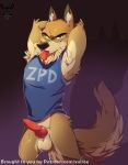  anthro bottomless canid canine canis clothed clothing conditional_dnp disney erection knot looking_at_viewer male mammal penis shirt solo tank_top tongue tongue_out wolf xnirox zootopia 