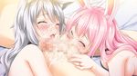  1boy 2girls animal_ears blush breasts bunny_ears censored cum eyes_closed facial fox_ears game_cg highres hinasaki inabashiro_hakua long_hair maternity_monsters!_~dekichaimashita!~ multiple_girls nipples nude penis pink_hair rougamine_ooko teamwork white_hair 