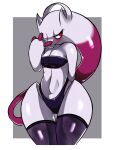  3_fingers absurd_res anthro blush breasts clothed clothing female fingers generation_1_pokemon generation_6_pokemon hi_res legendary_pokemon legwear makeup medium_breasts mega_evolution mega_mewtwo mega_mewtwo_y mewtwo nintendo pokemon pokemon_(species) red_eyes shy simple_background skimpy solo thick_thighs thigh_highs white_body zerrymon 