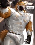  anthro big_bulge big_muscles bodily_fluids bottomwear brown_body brown_fur bulge canid canine clothing detailed_bulge face_mask fingerless_gloves front_view fur genital_outline gloves handwear hi_res ig1119 jewelry looking_at_viewer male mammal muscular muscular_anthro muscular_male necklace nipples penis_outline shirt solo sweat taiol tight_clothing topwear translucent translucent_clothing wet wet_clothing wet_shirt wet_topwear 