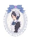  1girl absurdres alternate_costume apron back_bow black_hair black_shirt bleach blue_ribbon blush bow closed_eyes commentary_request enmaided frilled_hairband frills from_side gem hair_between_eyes hair_ribbon hairband highres juliet_sleeves kuchiki_rukia long_sleeves maid maid_apron neck_ribbon parted_lips profile puffy_sleeves purple_gemstone ribbon rinner373 shirt short_hair simple_background solo upper_body white_apron white_background white_bow white_hairband 