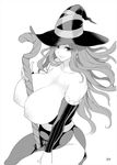  between_breasts breasts cleavage dragon's_crown greyscale hat highres huge_breasts long_hair meme50 monochrome nipples simple_background smile solo sorceress_(dragon's_crown) staff topless white_background wide_hips witch_hat 