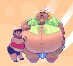 animal_crossing anthro belly belly_peeking_out big_belly bodily_fluids bottomwear bud_(animal_crossing) chibi clothed clothing dress_shirt duo ghgbn hi_res human humanoid jockstrap male male/male mammal nintendo overweight rumbling_stomach self_insert shirt shorts size_difference sweat tank_top topwear underwear