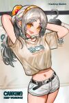  1girl :d arms_behind_head arms_up black_choker breasts brown_shirt canking choker clothes_hanger clothes_writing collarbone crop_top english_text grey_hair hairband looking_at_viewer midriff navel orange_eyes orange_hairband original parted_bangs ponytail shirt short_shorts shorts small_breasts smile solo thick_eyebrows twitter_username white_shorts 
