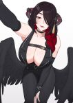  1girl absurdres black_hair blush braid breasts bright_pupils cleavage colored_inner_hair demon_horns hair_over_one_eye highres hololive hololive_english horns huge_breasts kuon_bb long_hair looking_at_viewer mamarissa mature_female mole mole_on_breast mole_under_eye multicolored_hair one_eye_covered open_mouth outstretched_arm reaching reaching_towards_viewer red_eyes red_hair smile solo two-tone_hair virtual_youtuber white_pupils 