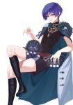  1boy absurdres black_footwear black_shorts chobonu fur_trim genshin_impact grey_jacket hair_between_eyes hat highres jacket male_focus mandarin_collar open_mouth otoko_no_ko purple_eyes purple_hair scaramouche_(cat)_(genshin_impact) scaramouche_(genshin_impact) shirt shoes short_hair shorts solo white_background 