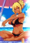  1girl applying_sunscreen bare_legs bare_shoulders barefoot beach bikini black_bikini blonde_hair blue_sky breasts cleavage cloud cloudy_sky commentary_request dark-skinned_female dark_skin demon_girl demon_horns feet gyaru highres horns indian_style light_rays looking_at_viewer lotion medium_breasts messy_hair neko_040 original shiny_skin sideboob sitting sky solo sunscreen swimsuit tan toes tongue tongue_out umbrella 