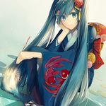  animal_print aqua_eyes aqua_hair bad_id bad_pixiv_id blue_kimono fireworks fish_print flower goldfish_print hair_ornament hatsune_miku japanese_clothes kimono long_hair necomi senkou_hanabi smile solo sparkler twintails vocaloid yukata 