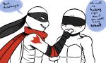  2019 anthro arm_wraps bandanna blush clothed clothing dialogue duo elbow_pads english_text finger_in_mouth freckles inkyfrog leonardo_(tmnt) male mask michelangelo_(tmnt) partially_colored red_eyes reptile scalie scarf shell simple_background smile speech_bubble tattoo teenage_mutant_ninja_turtles text turtle white_background wraps wrist_wraps 