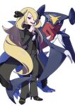  1girl black_coat black_eyes black_footwear black_pants black_shirt blonde_hair breasts coat cynthia_(pokemon) fur-trimmed_coat fur-trimmed_sleeves fur_collar fur_trim garchomp grey_outline hair_ornament hair_over_one_eye hand_on_own_hip hand_up high_heels highres long_hair long_sleeves medium_breasts omochi_(omotimotittona3) open_mouth outline pants pokemon pokemon_(creature) pokemon_dppt shirt simple_background smile standing very_long_hair white_background 